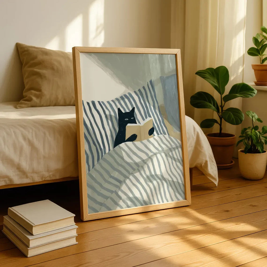 Cat Reading Print – Black Cat Wall Art, Cosy Bedroom Poster, Book Lover Cat Illustration, In Bed Print, Reading Decor, Cozy