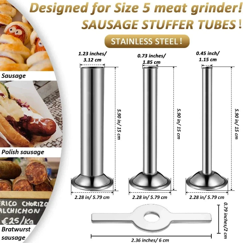 5 # Stainless Steel Sausage Filling Tube Kit for Meat Grinder, Sausage Filling Tube Accessory for Kitchen Vertical Mixer