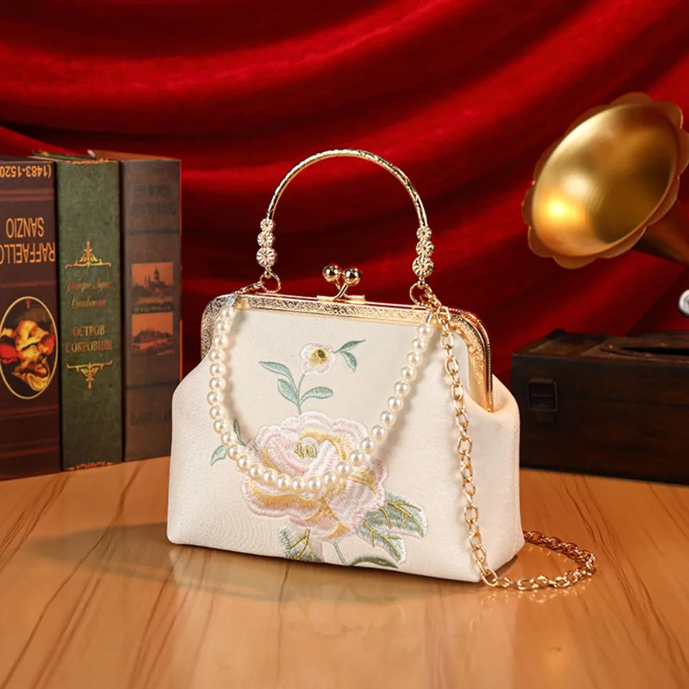 Popular Chinese Style Banquet Bag Embroidery High Capacity Shoulder Bag Pearl Handle Trendy Crossbody Bag Women