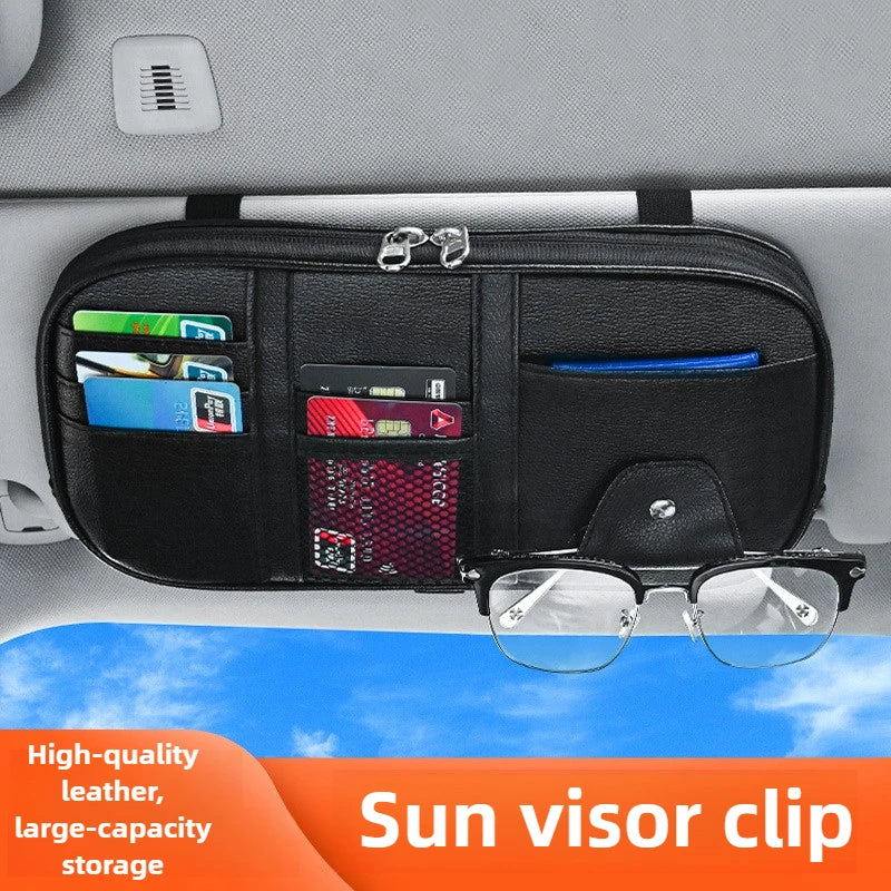 Leather Large Capacity Car Sun Visor Organizer Clip Sunshade Storage Bag Pouch Bill Pen Card Glasses Sunglasses Holder Mount