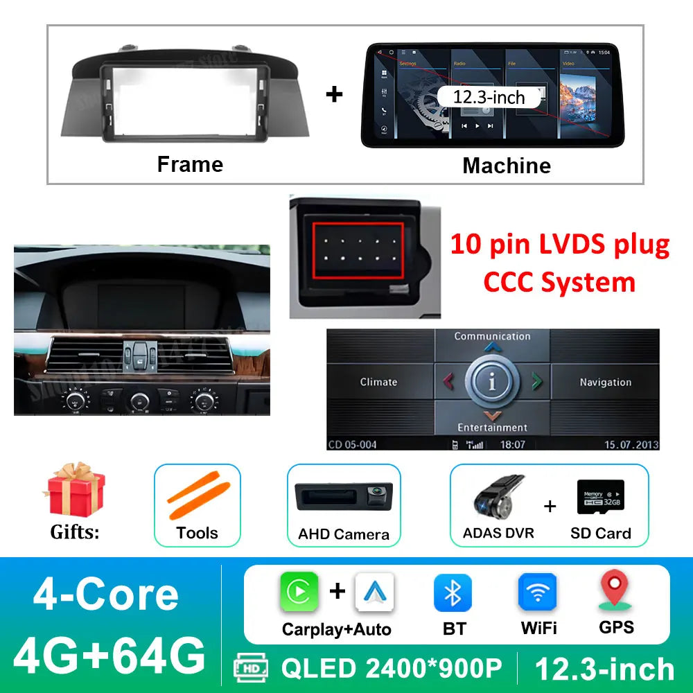 12.3 '' Ultra-thin Screen Android 16 BT for BMW 5 Series E60 E61 E62 2004 - 2012 CIC CCC System GPS Car Video Multimedia Player