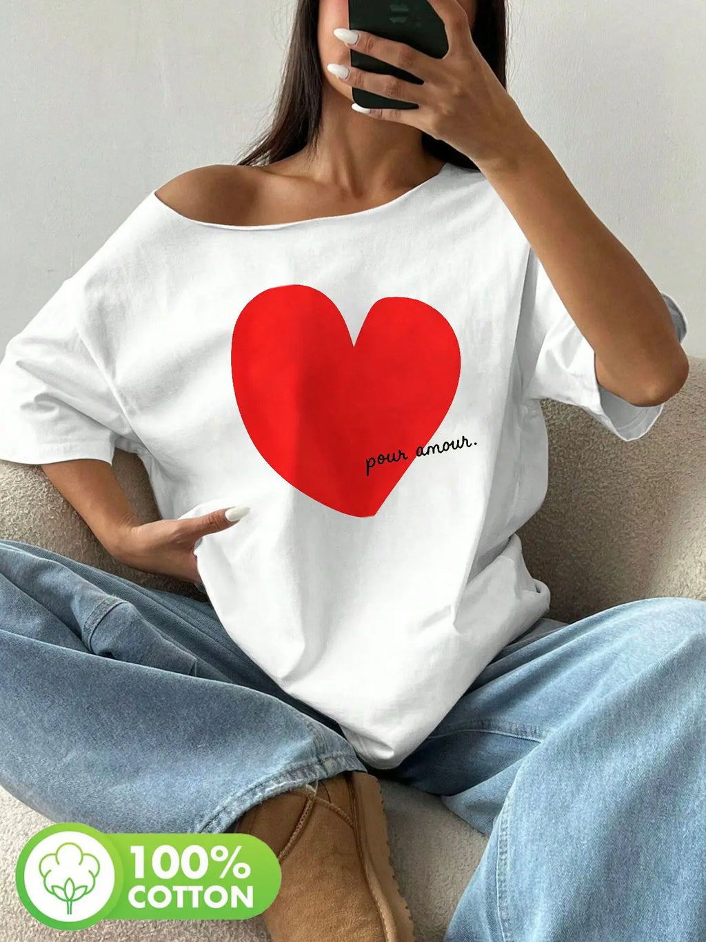 Plus Size Large Red Watercolor Heart Graphic Tee with Pour Aimer Text, Soft Handcrafted Feel, Y2K Oversized Loose Fit Summer