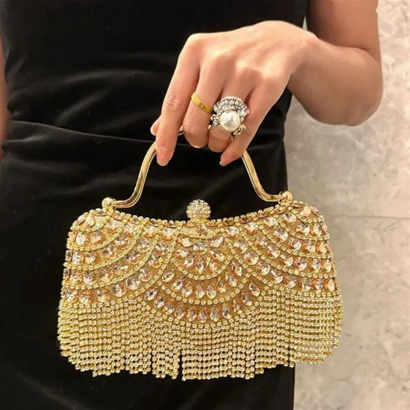 Diamond Evening Clutch Bag Golden Tassel Handbag Boutique Novelty Metallic Rhinestone Purses and Handbags Bridal Wedding Party