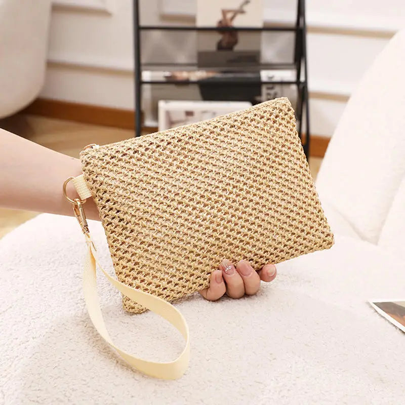 Women Clutch Bag Handmade Backpack Fashion Ladies Wristlet Girl Phone Colorful Straw Woven Coin Purse Beach Wallet Fresh Sweet