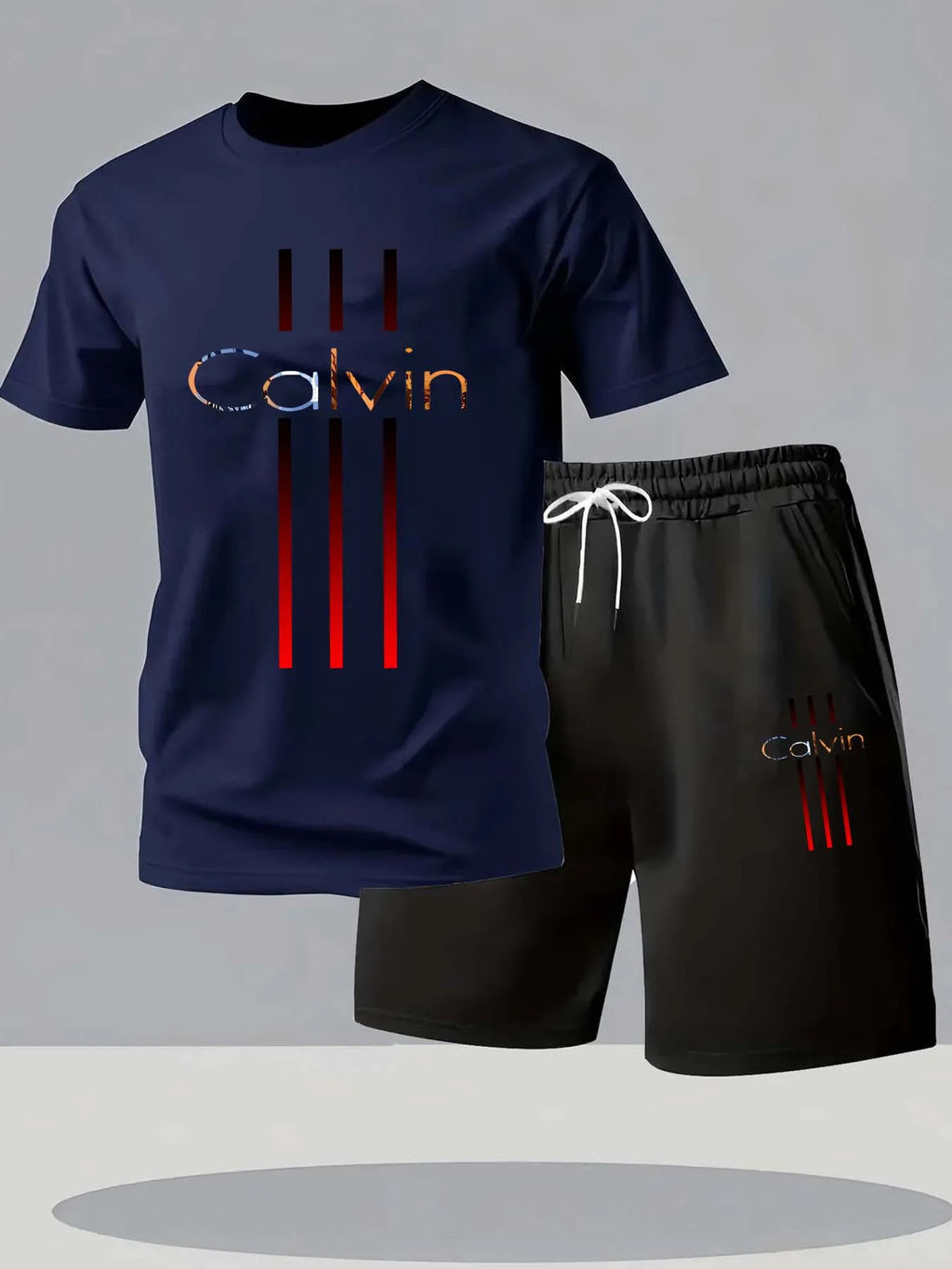 Men's T-shirt and shorts set summer casual loose and fashionable Calvin letter print comfortable round-neck short-sleeved T-shir