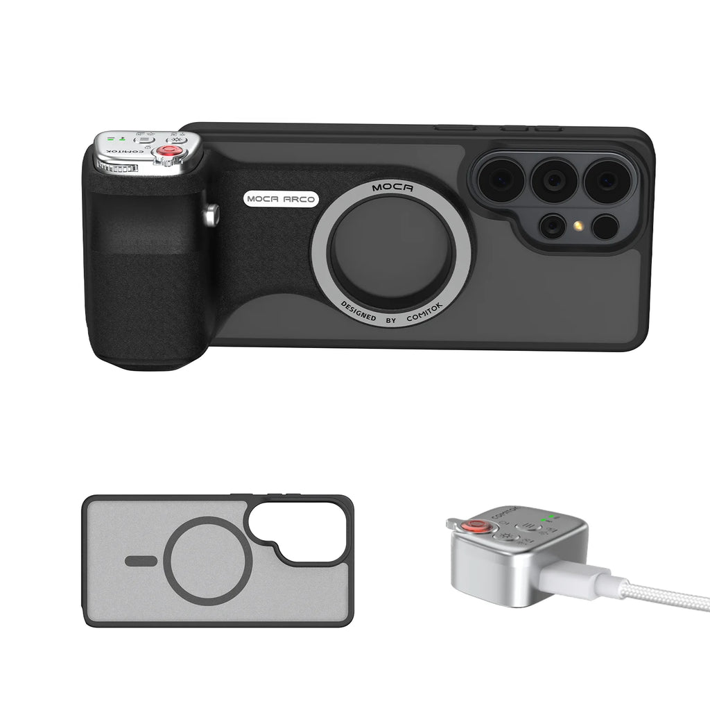 COMITOK MOCA ARCO Magnetic Camera Grip for Galaxy S26 Ultra Detachable Remote Handle with Matching Case for Vlog Video Selfie