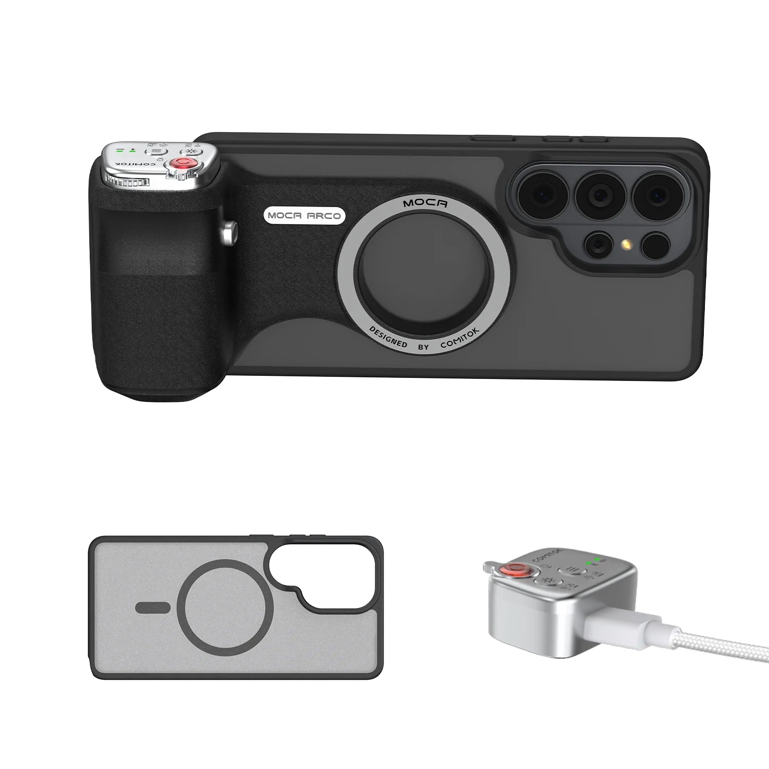 COMITOK MOCA ARCO Magnetic Camera Grip for Galaxy S26 Ultra Detachable Remote Handle with Matching Case for Vlog Video Selfie