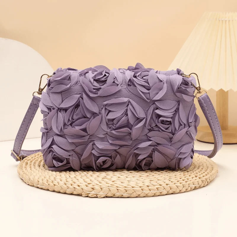 3D Rose Floral Crossbody Bag Faux Leather Zipper Closure Adjustable Strap Cylinder Shape Wedding Party Evening Purse