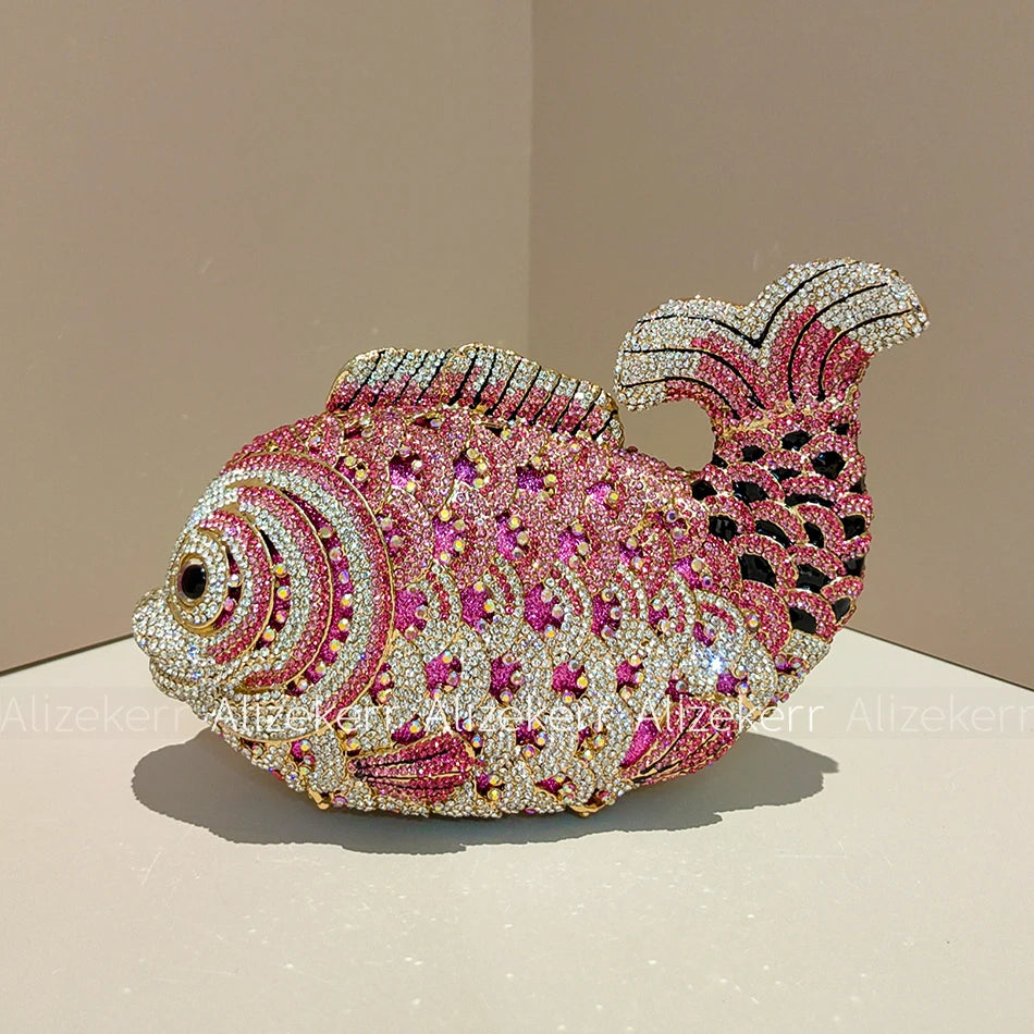 Alizekerr Goldfish Shaped Crystal Evening Bags Women Gorgeous Diamond Metallic Clutch Purses Ladies Unique Handbag Wedding Party