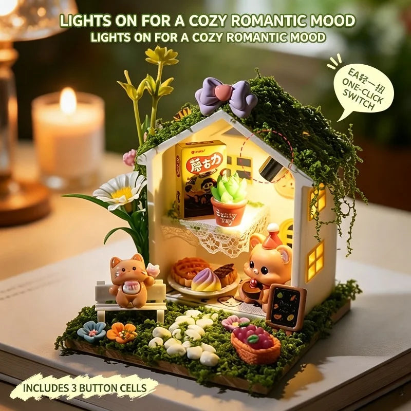 Kawaii Fairy House Craft Kit with LED Lights DIY Miniature Scene 3D Assembly Craft Model for Shelf Decor Christmas Birthday Gift