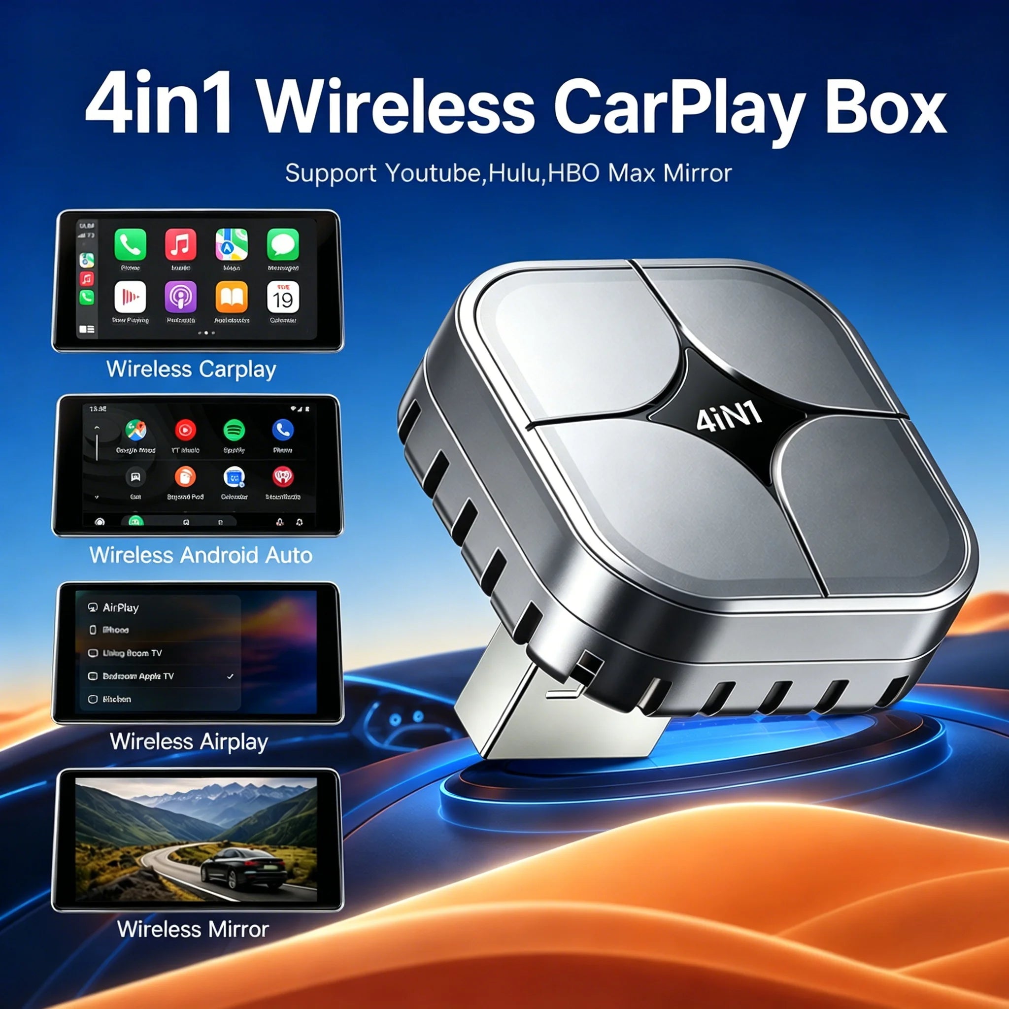 Upgrade 4in1 Carplay Smart Dongle Wireless Android Auto Mirror Link USB Plug and Play Auto Connect WiFi for Apple and Android