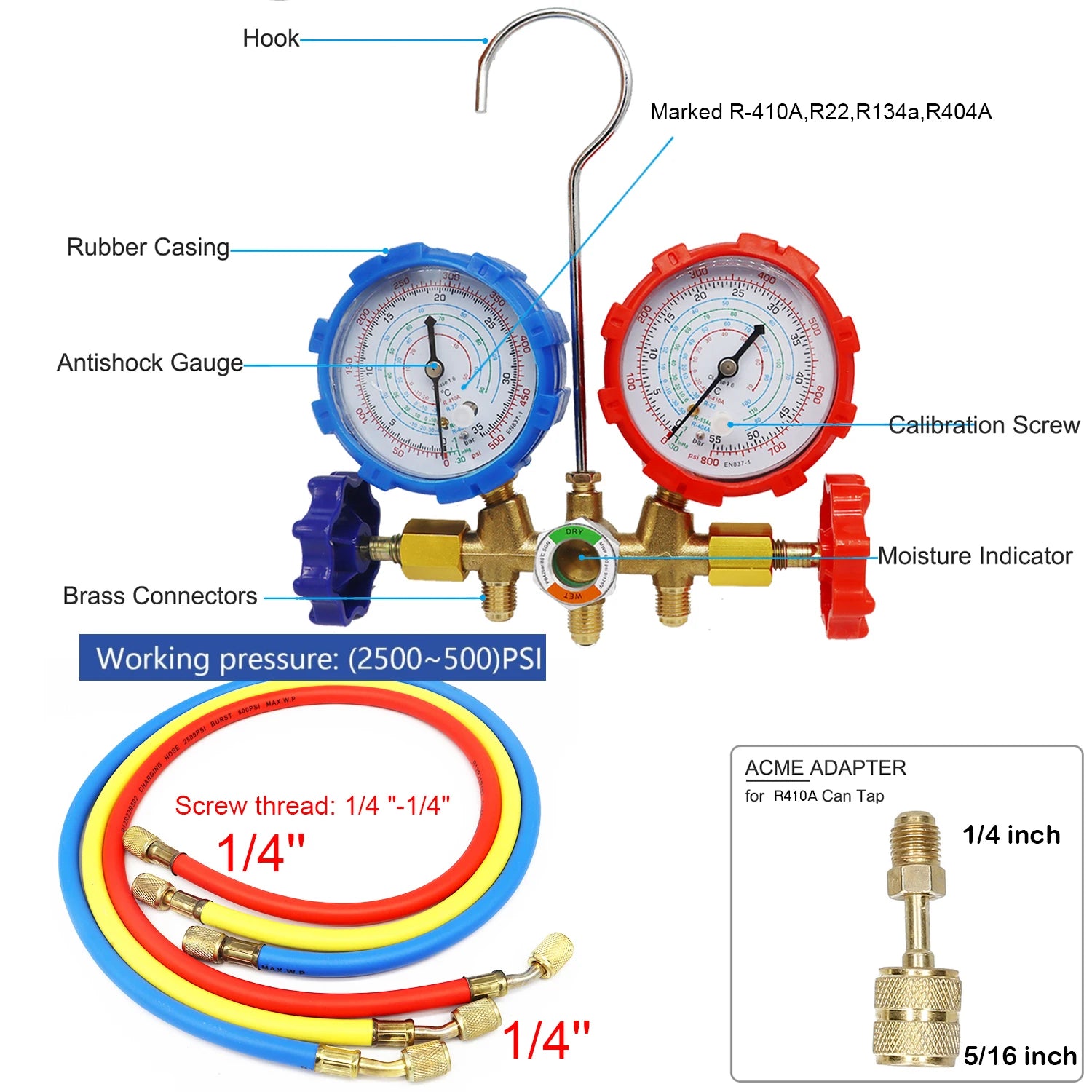 Refrigerant Manifold Gauge Set Diagnostic Air Conditioning Tool Hook Hose for R410A R22 R404A R134A Refrigerant Charging