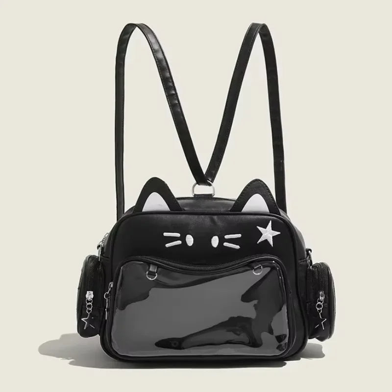 Y2K Korean Japan Kawaii Cat Ita Bag PU Cute Girls Transparent Pocket Aesthetic Shoulder Crossbody Bags Women's Fashion Backpacks