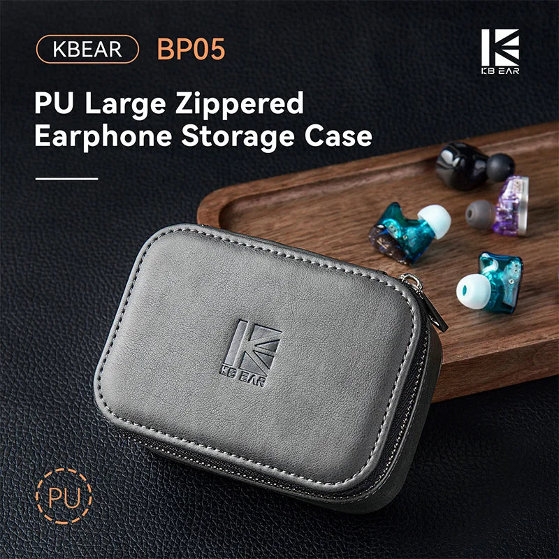 KBEAR BP05 PU Earphone Storage Case – Large zippered design with a cable storage pocket; a portable case for earphones and cable