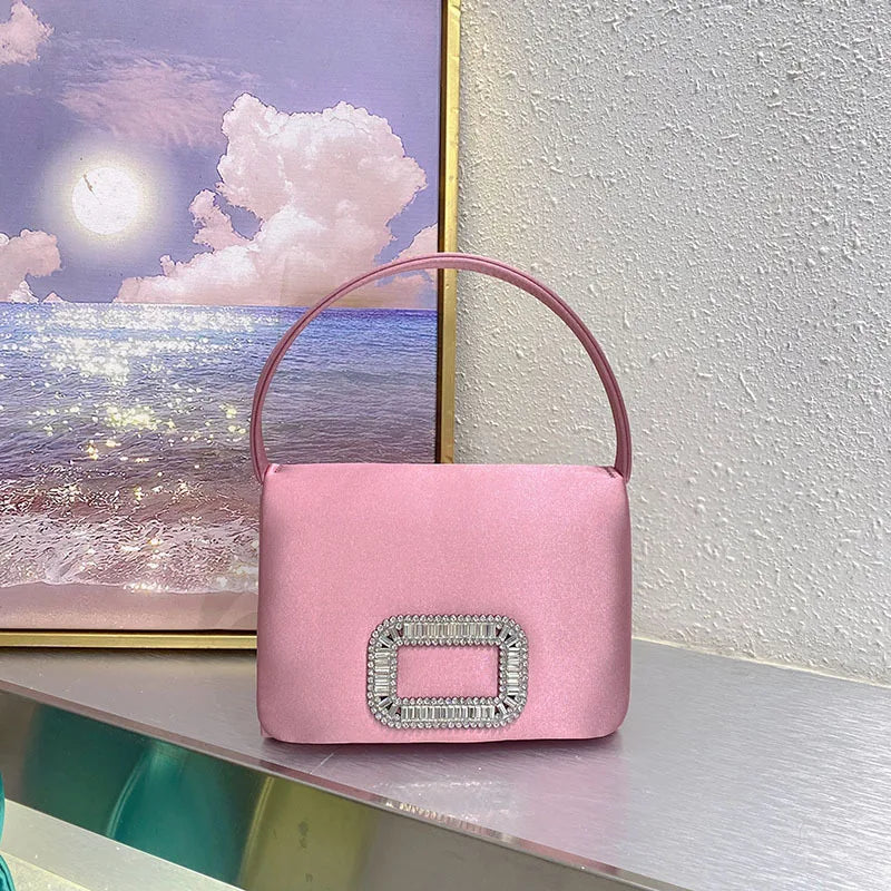 Luxury Diamond Square Button Women's Evening Bag Party Clutch Purses Satin Rhinestone Small Square Bag Chains Shoulder Bag Bolsa