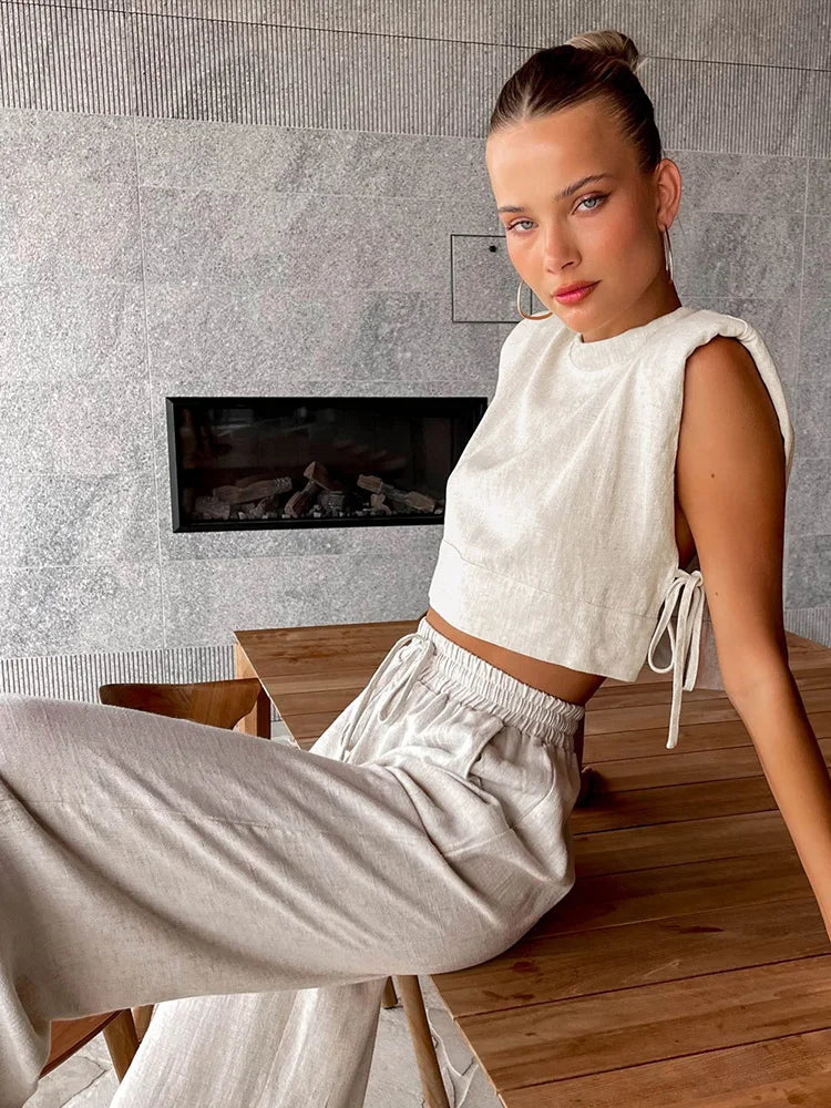 Spring Summer 2025 Women Holiday Linen Pant Set Crop Tops Solid Outfits 2 Two Piece Matching Set For Women