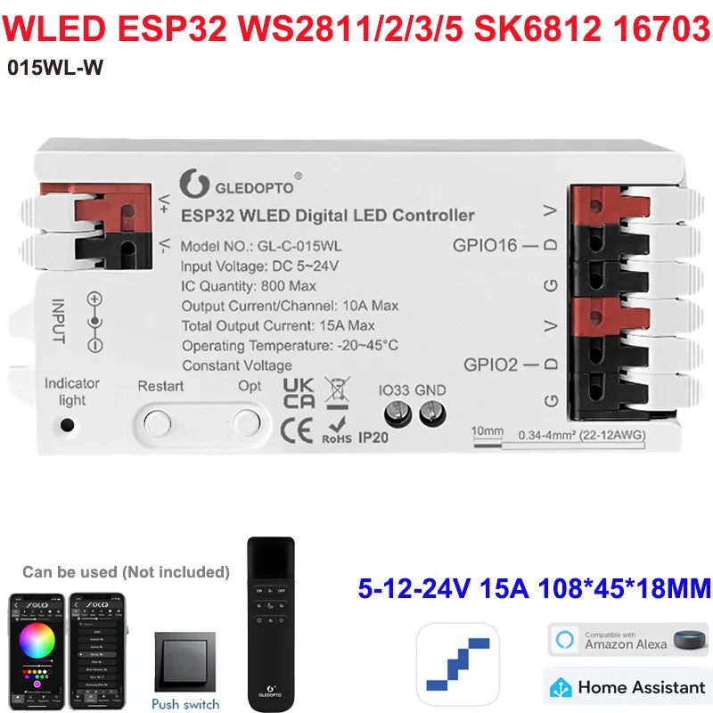 5GLEDOPTO ESP32 PWM WLED Dynamic LED Controller 5 in 1 DC12-24V WIFI App Control for RGBCCT RGBW RGB CCT DM WS2811/2B/3/5 Strip