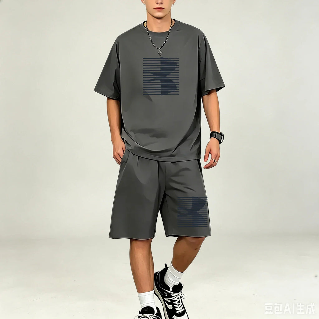 Men T‑Shirts Sets Simple Solid Color 2‑Piece Outfit Breathable Cotton T‑Shirts Sets Fashion Casual Sport Suit Workout Daily Wear