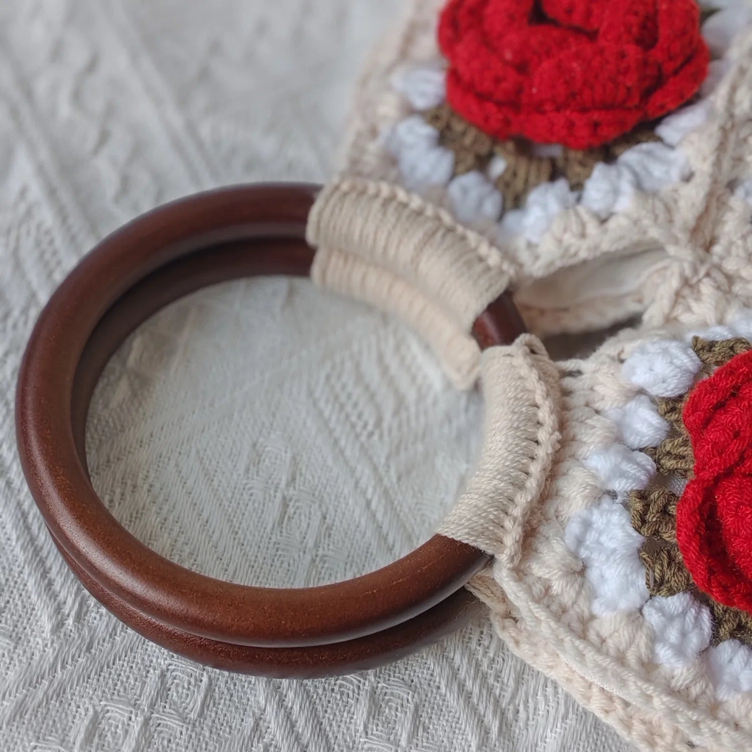 Handmade Crochet Rose Bag | Boho Floral Handbag with Wooden Handles | Summer Casual Tote
