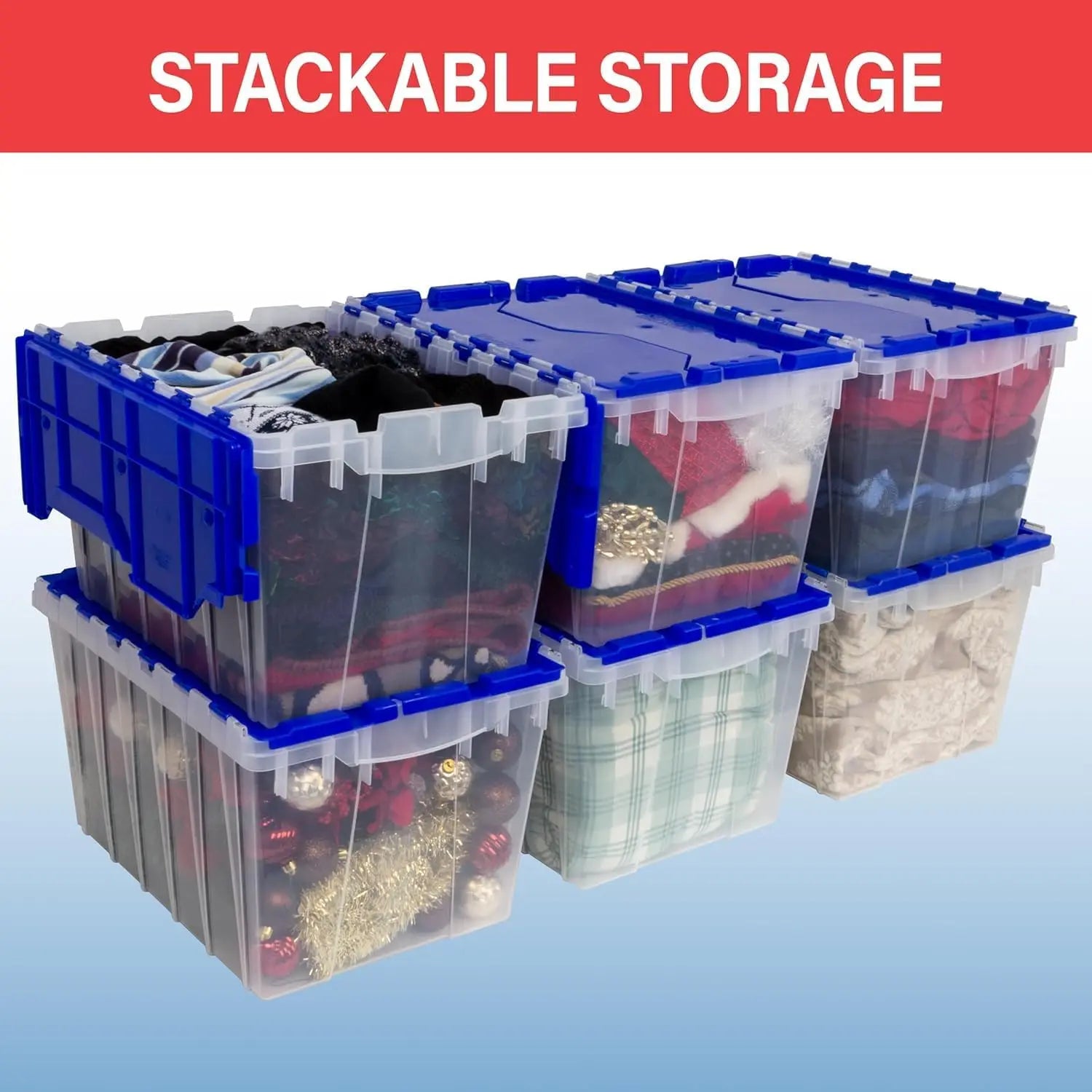12 Gallon Storage Container, Nesting and Stackable Plastic Storage Box with Lid Attached, Clear Tote for Garages, Closets, and Moving, 21-1/2" x 15" x 12-1/2", Clear/Blue
