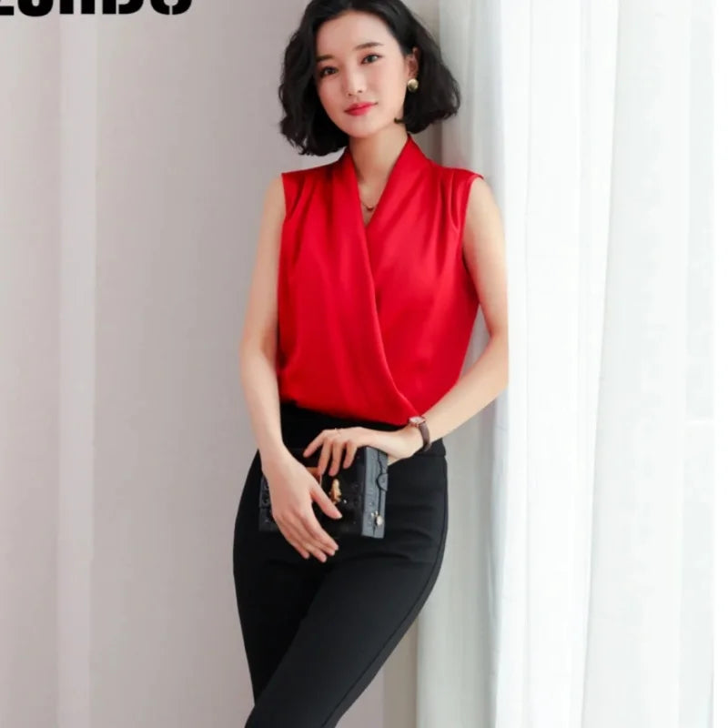 White V-neck satin shirt workplace commuting suit high-end top professional wear white shirt women in summer