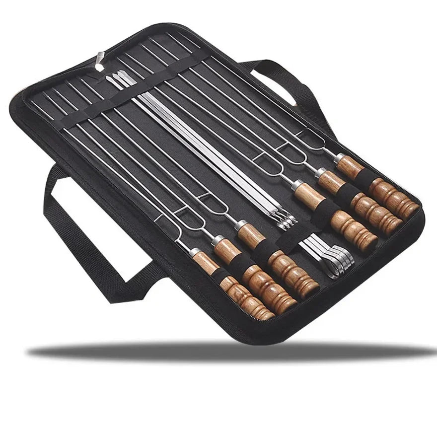 10 PCS/Set Stainless Steel Wire BBQ Skewers Wood Handle Grill Roasting Sticks Outdoor Camping BBQ Tools Storage Bag Kit