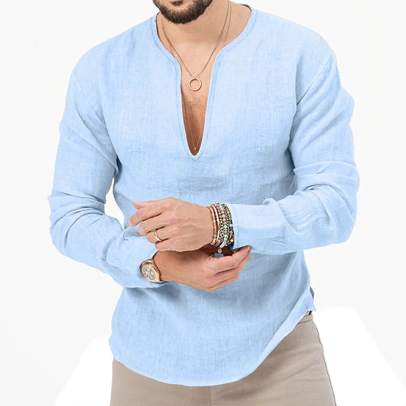 2026 Henry Linen Long Sleeve T-Shirt Men's Slim Fit Solid Color European and American Large Size Deep V-Neck Top Men