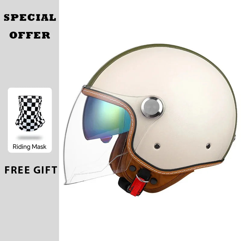 Open Face Helmet Vintage Leather Motorcycle Helmets Double Visor DOT Approved Retro 3/4 Jet Half Helmet with Inner Lens