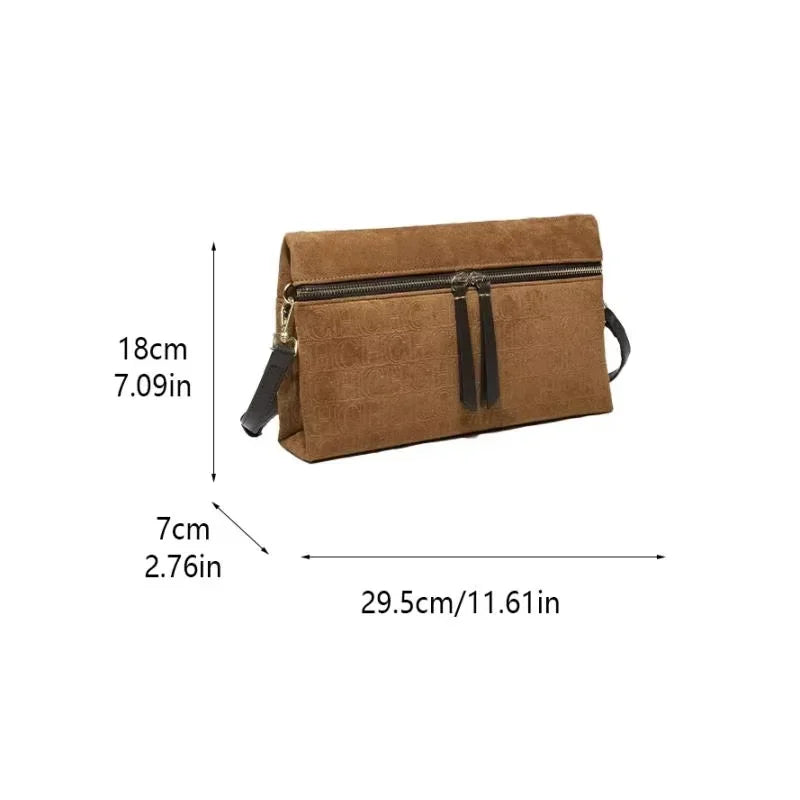 CH Crossbody Bag Women Embossed Suede Shoulder Bag Double Zipper Clutch Purse Vintage Daily Evening Handbag Bolsos Mujer