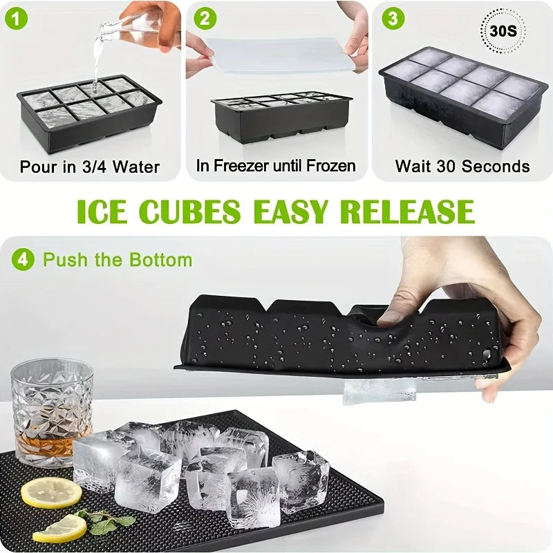 4/6/8 Grid lce Cube Tray Sicone Mold Large Food Grade lce Cube Mold DIY Candy Ice Maker lce Cube Tray Bar Pub Wine Blocks Maker