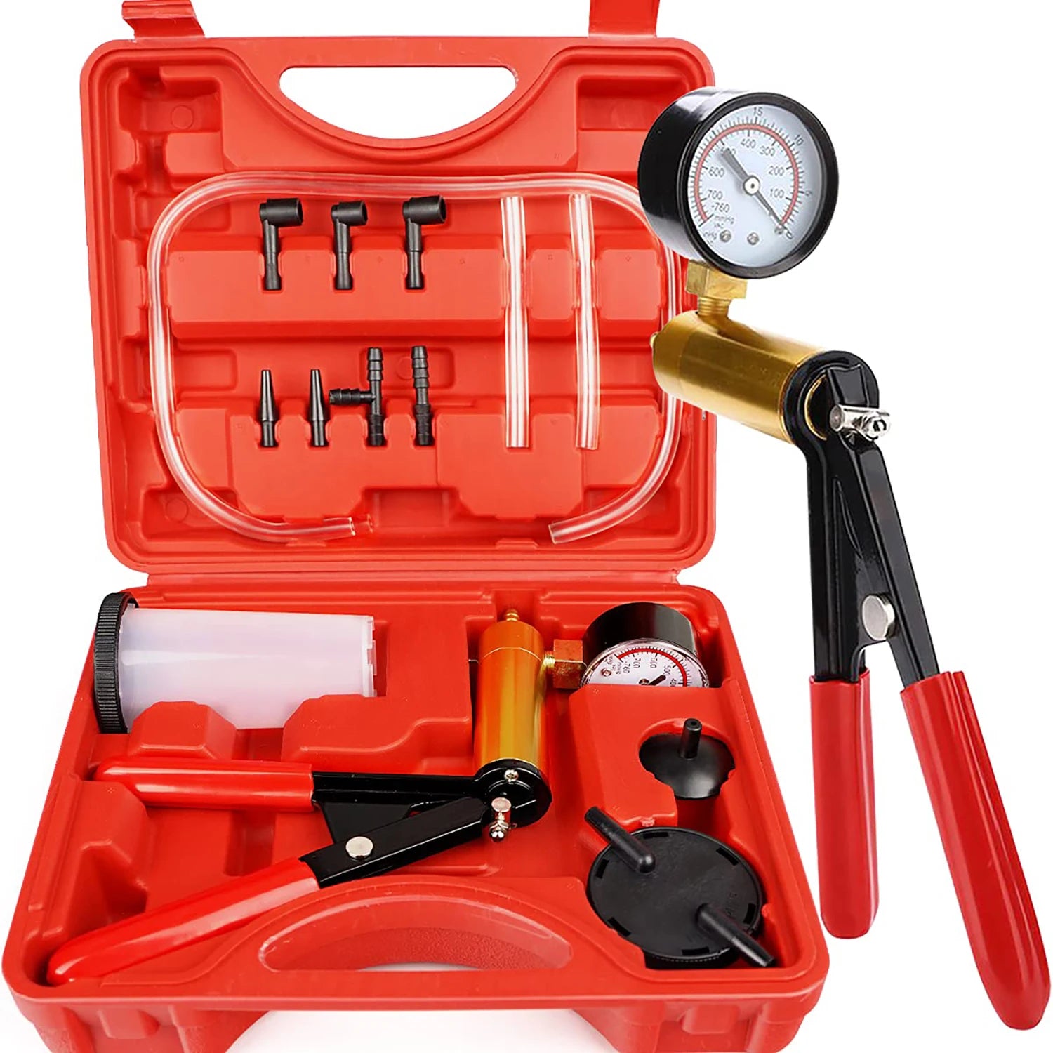 2 in 1 Automotive Handheld Vacuum Pump Brake Bleeder Kit for Motorcycle 16 pcs Brake System Bleeding Tools with Gauge Adapters