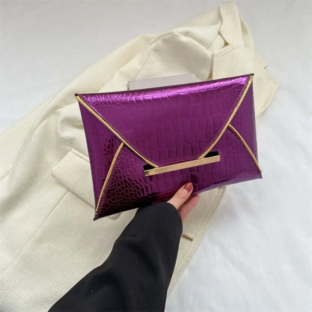 Pure Color Contrast Crocodile Pattern Coin Purse Matte Glossy Square Envelope Clutch Cover Style PU Material Mobile Phone Bag