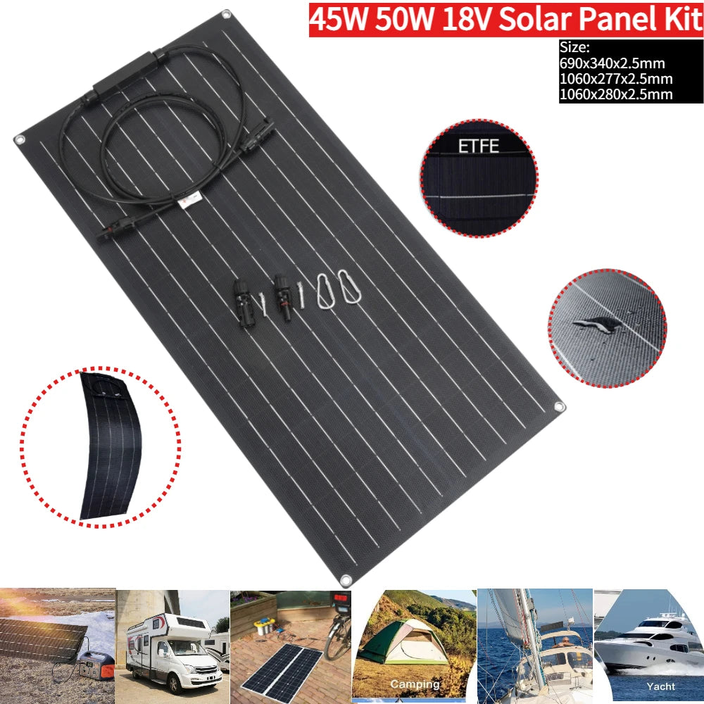 45W 50W 18V ETFE Flexible Monocrystalline Solar Panel Solar Cable Cell Battery System Kit for Marine Camping Boat RV Charging
