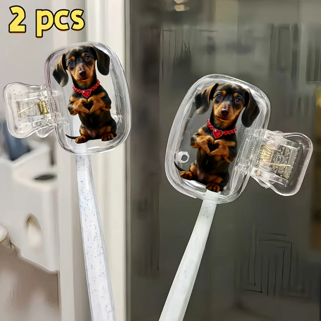2pcs Cute Dachshund with Heart Pattern Portable Toothbrush Head Cover Storage Case Toothbrush Protective Cover Holder Party Gift
