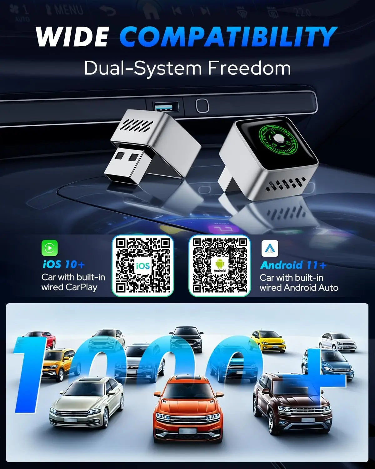 Wireless CarPlay & Android Auto Adapter – 1-Click Multi-Device Switch, Auto Reconnect, Multi-Function Button, OTA Updates, for iOS 10+ & Android 11+