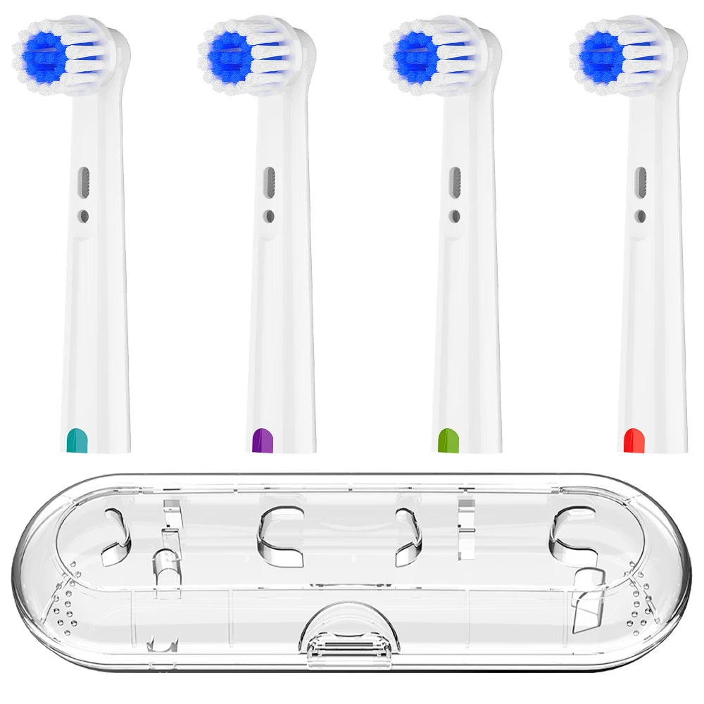 Clear Toothbrush Travel Case and 4 Pack Soft Rotating Replacement Brush Heads Set Compatible with Oral B Electric Toothbrushes