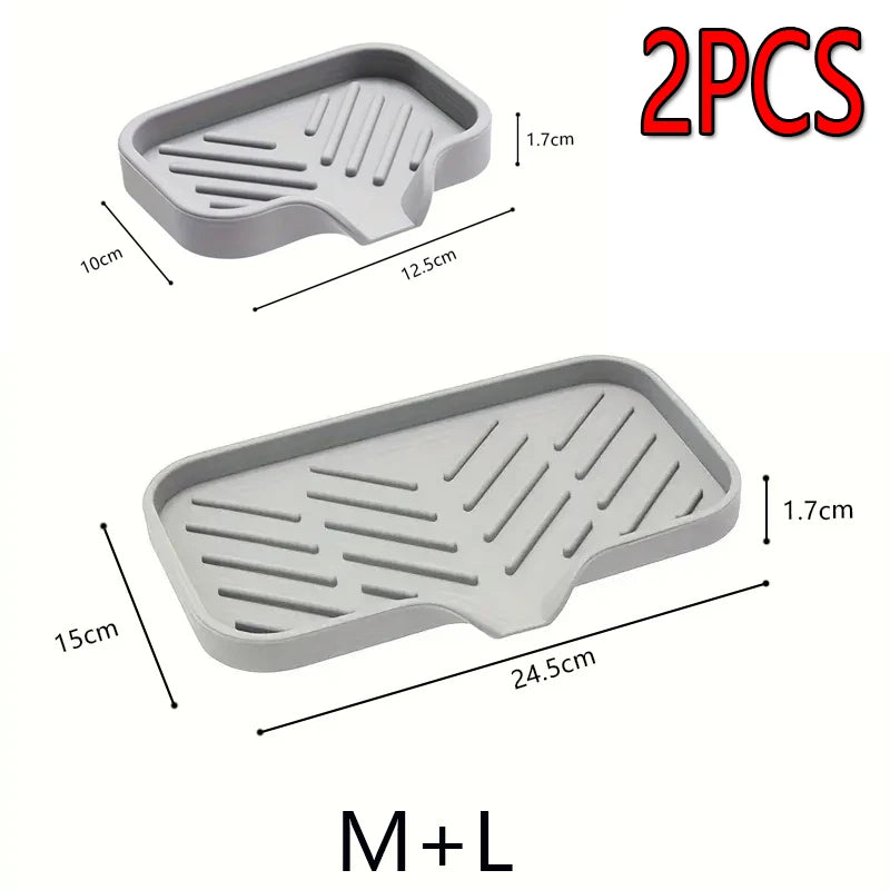 2PCS Silicone Faucet Mat Sink Tray Soap Dispenser Sponge Drain Pad Sink Splash Drying Mat Countertop Storage Tray SoapTray