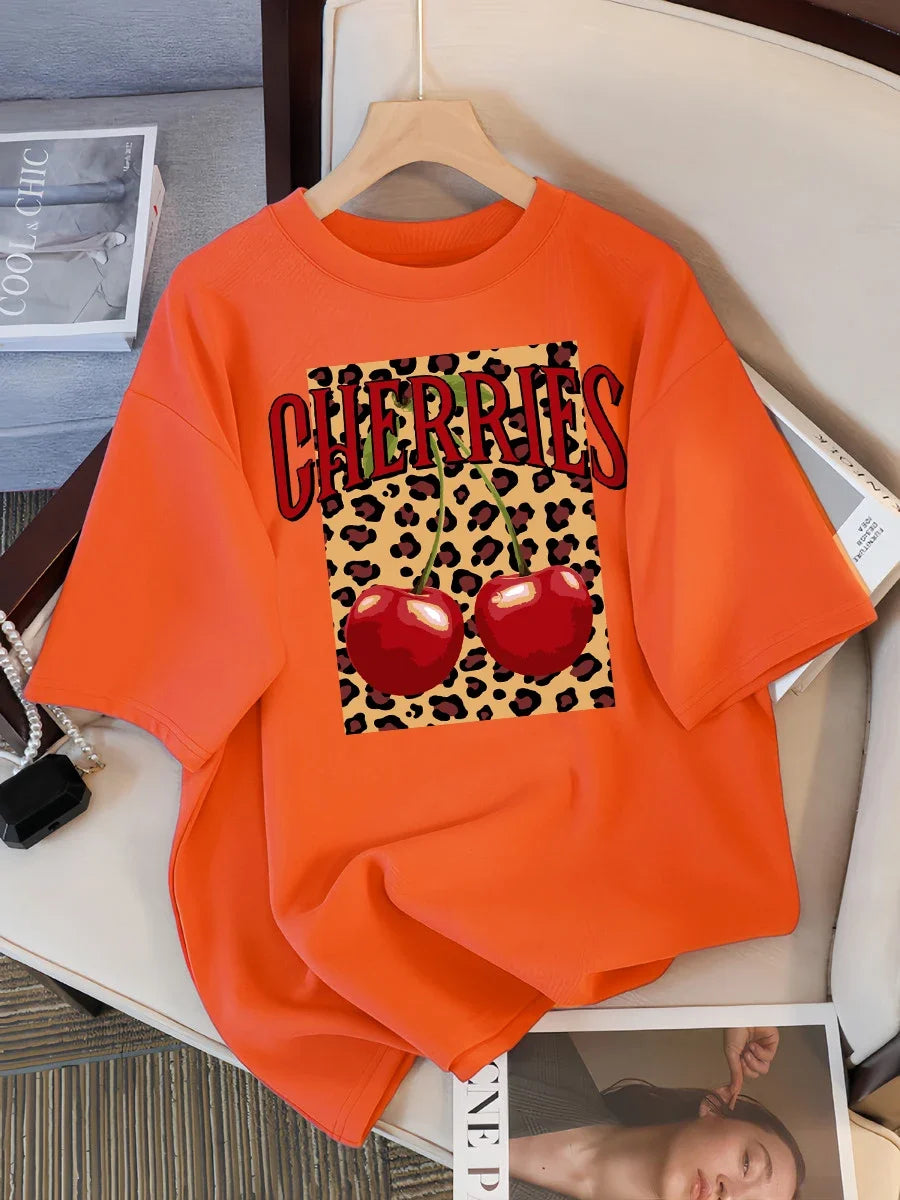 Plus Size Leopard Cherry Creative Design Womens Tee Shirts Casual T Shirt Summer O-Neck Streetwear Soft Oversized Short Sleeve