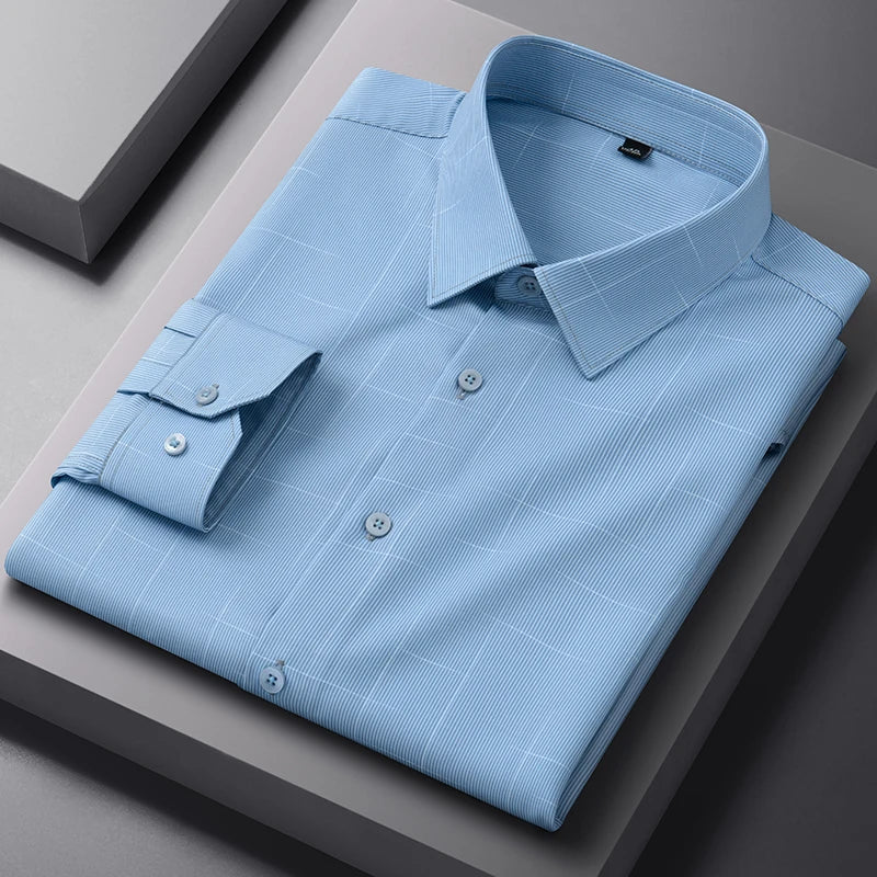 New Anti-Wrinkle Men Shirts Long Sleeves Dress Shirts For Men Slim Fit Camisa Social Business Blouse Plaid Striped Office Shirt