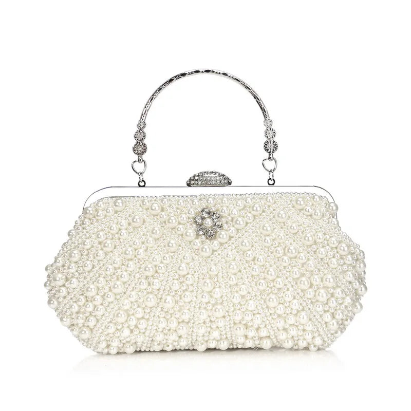 Beading Women Evening Bags Embroidery Shell Flower Diamonds Prom Clutch With Handle Pearl Handbags