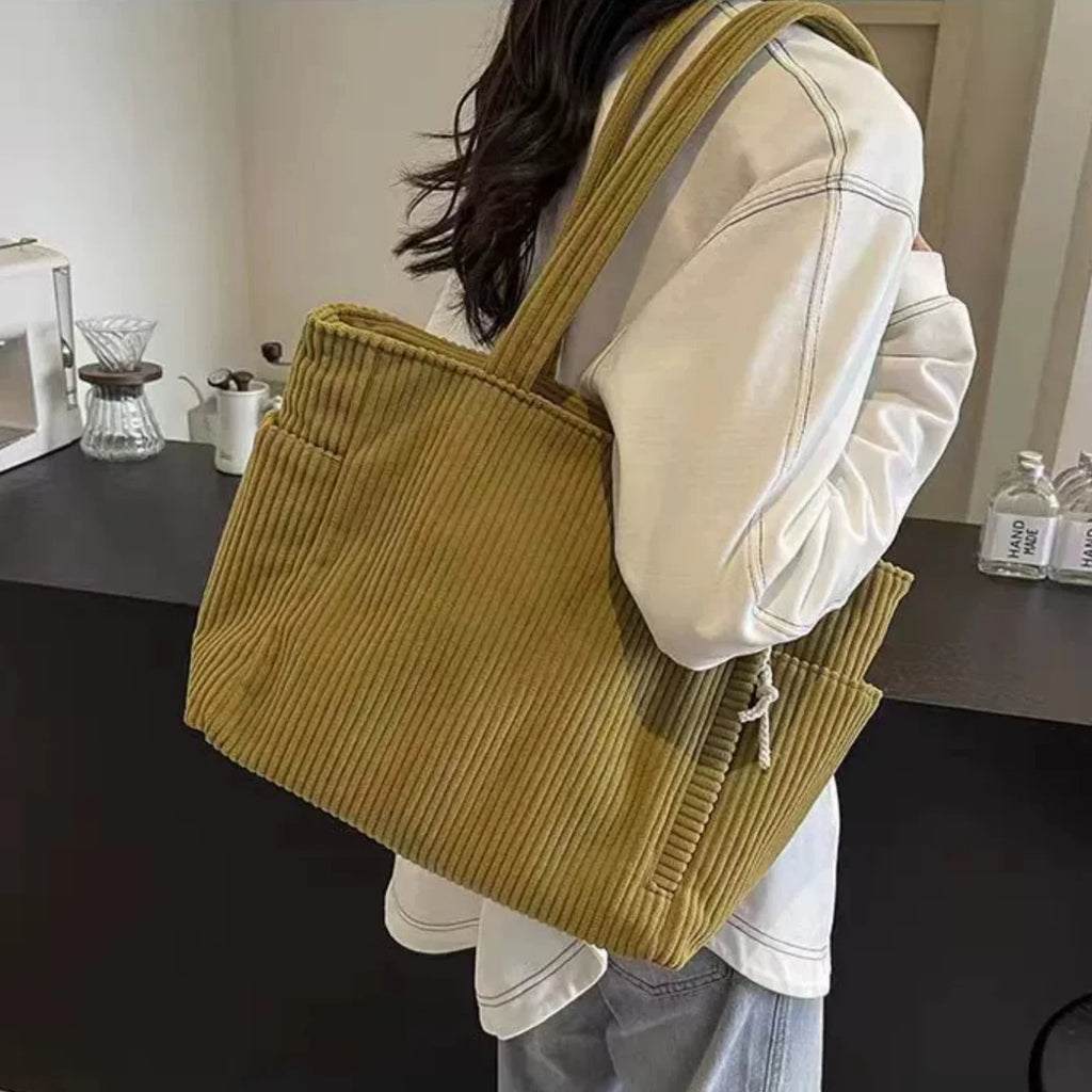 Large Corduroy Tote Bag for Women Everyday Shoulder Bag with Pockets and Zipper for Work Travel Vacation