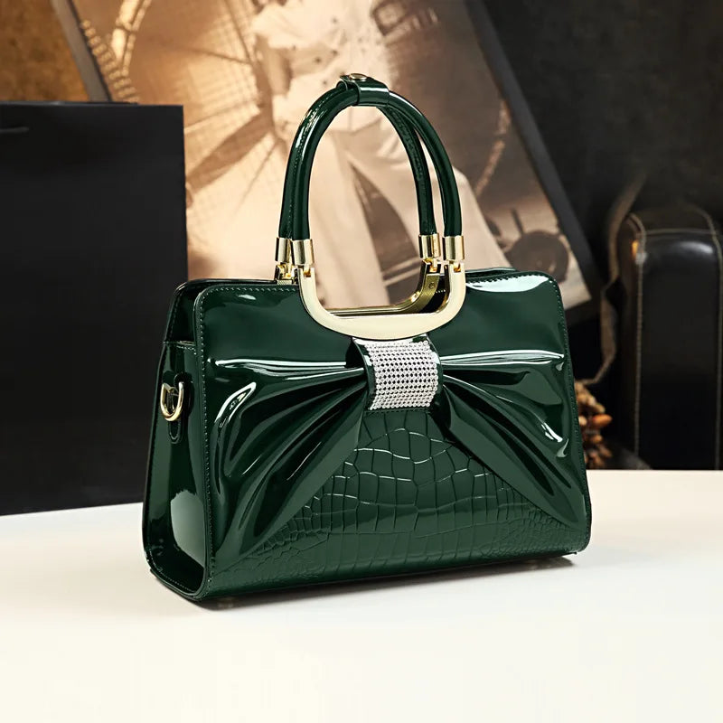 2024 Women Luxury Designer Glossy Leather Evening Handbags Ladies Casual Crossbody Shoulder Bag Fashion Diamond Bow Tie Totes