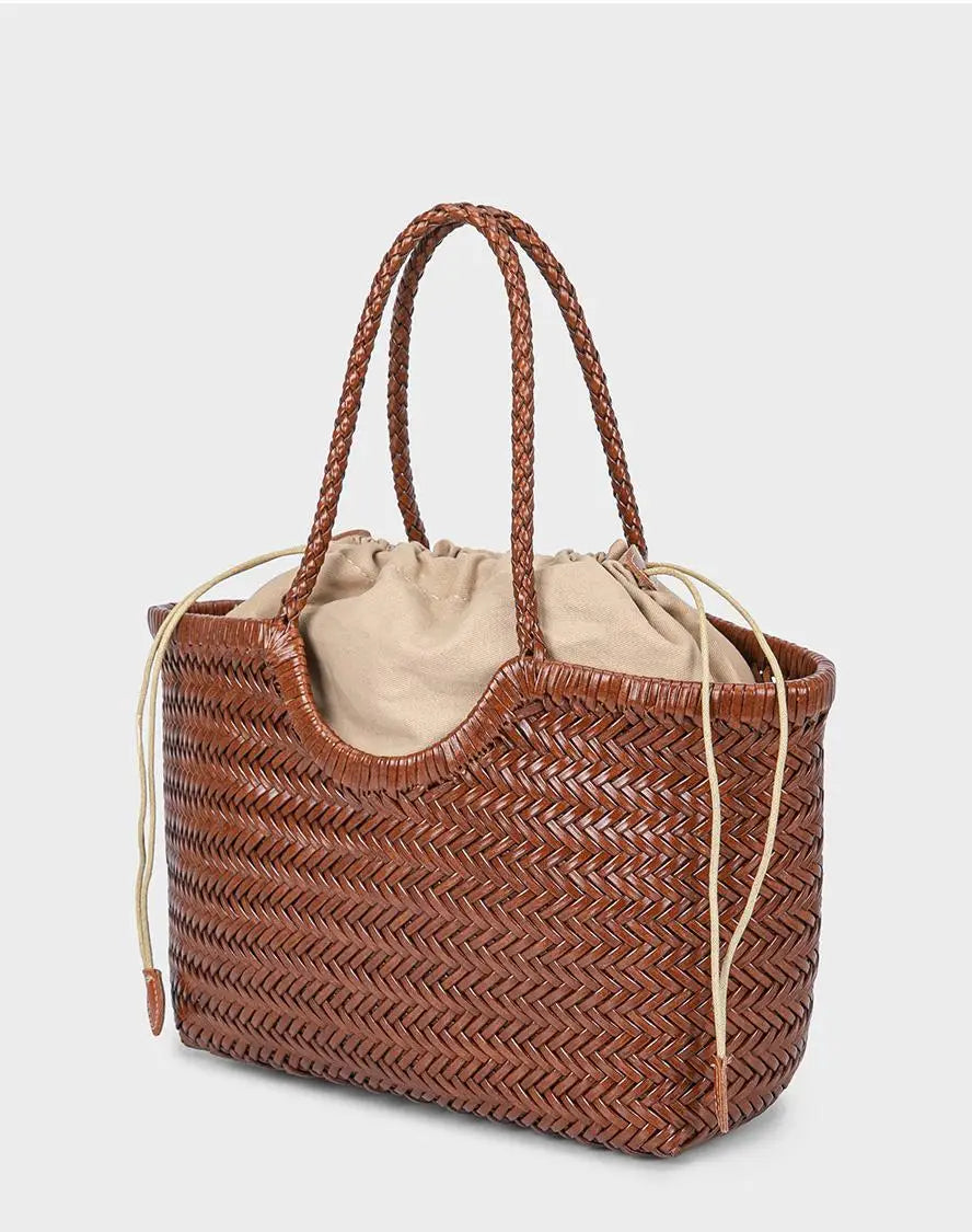 Hand-woven Genuine Leather Woven Casual Vegetable Basket Bag with Casual Woven Inside Bag Shoulder Underarm Tote Bag