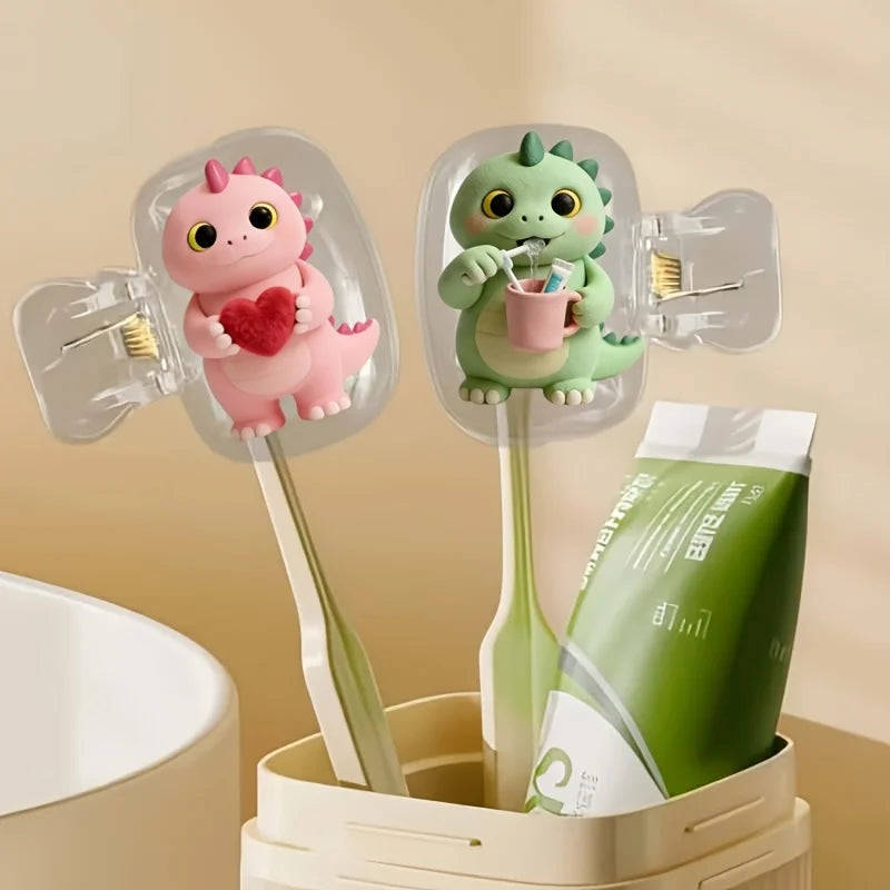 2pcs Cute Little Dinosaur Toothbrush Head Covers for Couples Storage Box Toothbrush Cover Holder Bathroom Accessory for Travel
