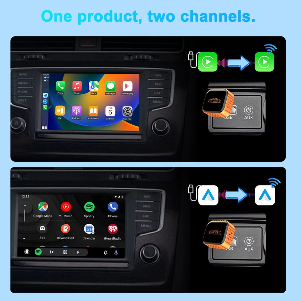 2 in 1 Wireless CarPlay & Android Auto Adapter Mini Wired to Wireless Converter Plug and Play Fast Stable Auto Reconnect