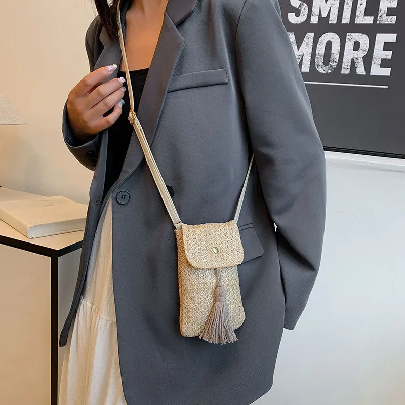 Summer New Straw Woven Phone Bag, Versatile Tassel Single-shoulder Small Bag, Crossbody Bag, Fashionable