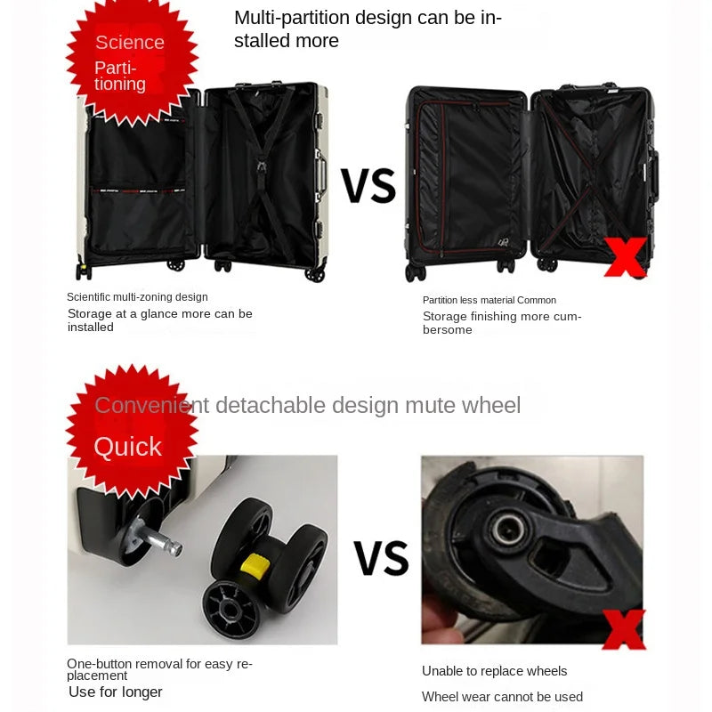 Trolley Luggage 20 26 30" Aluminium-framed Suitcase with Silent Wheels Unisex High-capacity Rolling Luggage Password Suitcase