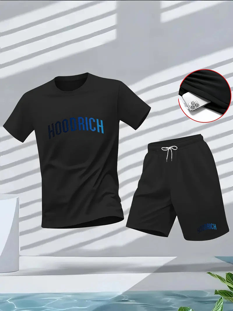 Men's summer fitness sportswear set_ Round-neck short-sleeved T-shirt, five-inch shorts, slimming, fashionable, casual fitness