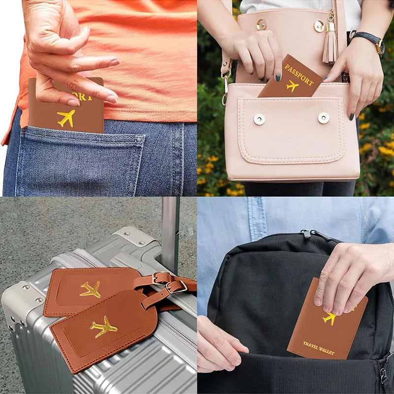 2Pcs/Set PU Travel Passport Cover Luggage Tag Suitcase Identifier Label Baggage Boarding Bag Tag Name ID Address Passport Holder