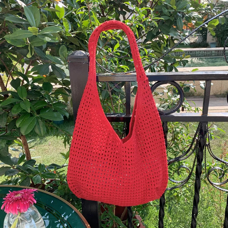Solid Color Knitting Shoulder Bag Hollow Out Versatile Bohemian Crochet Tote Bag Large Capacity Casual Woven Handbag Women